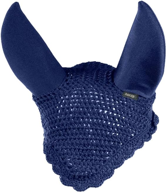 HORZE Supreme Silent Crochet Ear Bonnet, Sound Dampening Comfortable Horse Fly Mask with Ears, Breathable Sound Proof Foam, for Sensitive Horses and Ponies- Peacoat Dark Blue Bonnet, Horse