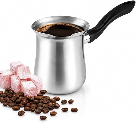 Turkish Coffee Pot Stainless Steel | 10.14 fl oz (300 ml) Cezve Ibrik Briki Traditional Greek Arabic Coffee Maker with Pour Spout | Heat-Resistant Black Handle | Small Stovetop (Coffee Pot Black)