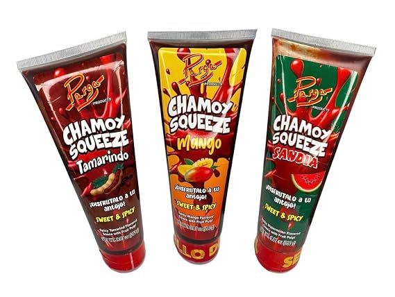 CHAMOY SQUEEZE VARIETY sauce with pulp mango watermelon & tamarind for a spicy tangy & sweet flavor 3 pk