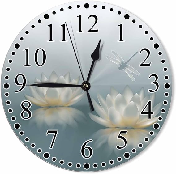 Clock Grey White Lotus Wall Clock 10 Inch Battery Operated Clock Silent Non-Ticking Modern Clocks Decorative for Home Kitchen Living Room Bathroom Office
