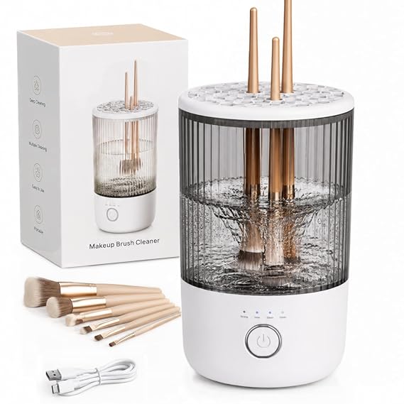 Makeup Brush Cleaner Machine, Automatic Electric Makeup Brush Cleaner with 4 Adjustable Speeds, Deep Cleaning Device, Portable USB Rechargeable (Gery White)