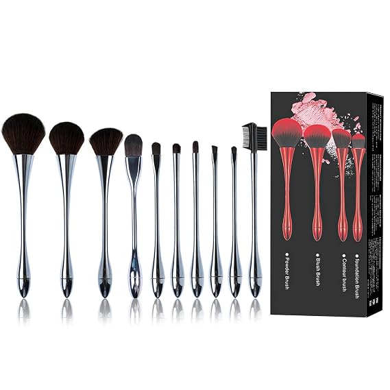 Makeup Brushes Set, 10 Pcs Synthetic Professional Make Up Brushes for Face Makeup Foundation Concealer Powder Blush Eyeshadow Eyebrow Lip, Travel Makeup Brush Kits (Silver)