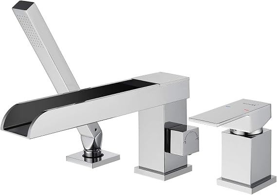 Wowkk Waterfall Roman Tub Faucets Deck Mount Chrome Bathtub Faucets Brass Tub Filler Bathroom Faucets with Hand Shower