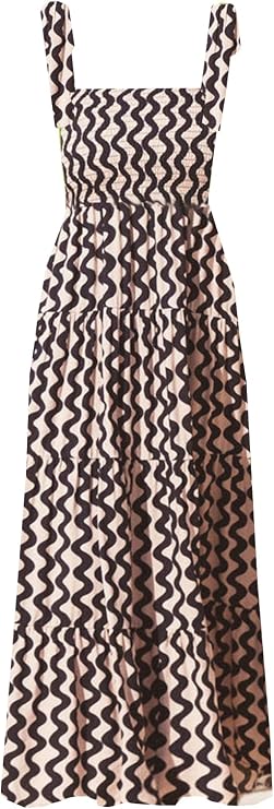 Gothden Summer Boho Midi Dress for Women's Square Neck Ruffle Tiered Flowy Smocked Sundress