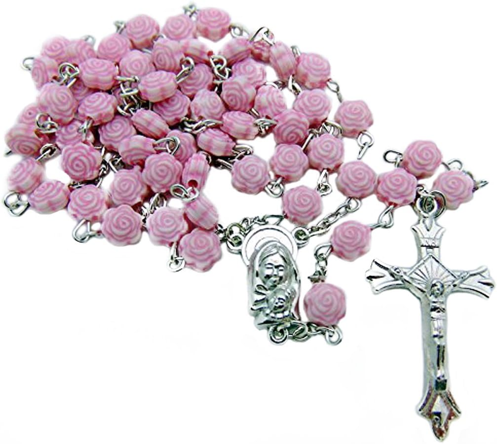 Mothers Day Rosary with Pink Rose Bud Shaped Beads 22 Inches Long