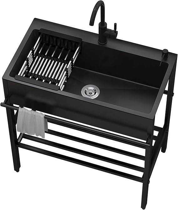 Stainless Steel Utility Sink with Cabinet,31.5" 17.7" 33.9" Freestanding Black Kitchen Sinks with Faucet,Hand Washing Outdoor Station,for Indoor,Laundry Room,Commercial,Garage,Bathrooms,Basement