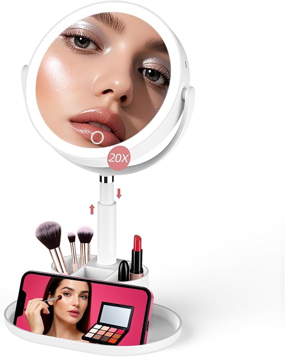 20X Magnifying Mirror with Lights and Storage, Double Sided Vanity Mirror | Rechargeable Makeup Mirror, 3 Color Lighting, Fast Charge and Long-lasting Work, Height Adjustable, Memory Function, White