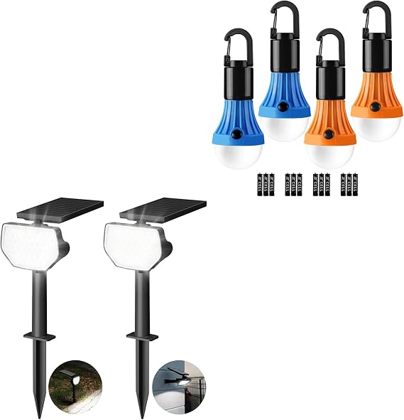 Lepro Bundle 2 Items:2 Pack Solar Spot Lights Outdoor Waterproof & 4 Pack LED Camping Lantern