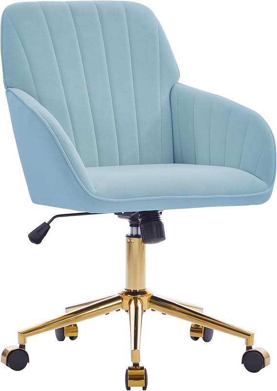 Velvet Office Desk Armchairs with Gold Base and Wheels,Modern Height Adjustable 360 Degree Swivel Upholstered Vanity Chairs for Living/Room Bedroom/Study,Light Blue