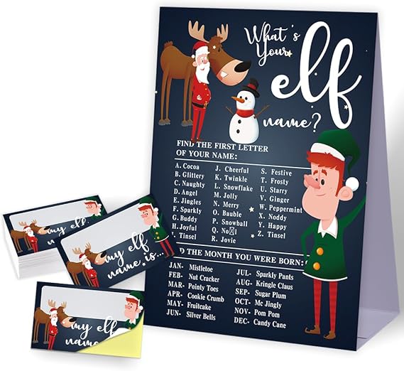 Christmas What's Your Elf Name,Christmas Party Decorations,Christmas Elf Name Game,Christmas Party Game,Funny Family Activities, Funny Party Games,1 Sign and 30 Guessing Stickers-M6