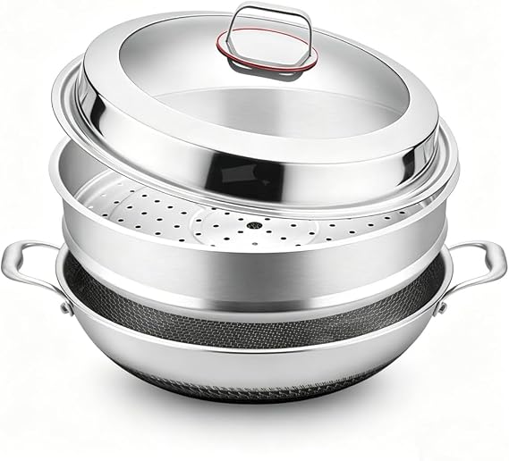 Toutrop Tri-Ply Stainless Steel Wok Pan with Lid and Steamer Basket,Hybrid Woks & Stir-Fry Pans Nonstick with Double Handles,Induction Large Saute Pan Deep Frying Pan,17.3inch Wok with Steamer