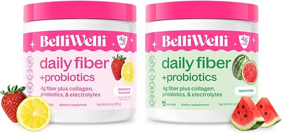 Belli Welli Daily Fiber Supplement Bundle - Strawberry Lemonade & Watermelon - Collagen, Probiotics & Electrolytes for Balanced Wellness - Refreshing Flavors, 32 Servings Total