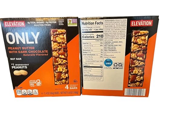Elevation Only Peanut Butter with Dark Chocolate Nut Bars, 8g Total Sugars, 8g Protein, Gluten Free, 4 Bars