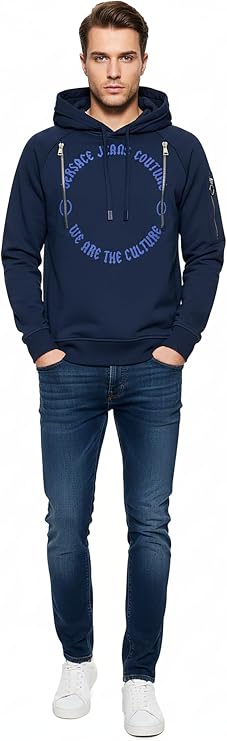 VERSACE JEANS COUTURE Steel Blue Cotton Mens Signature Statement Print Hoodie