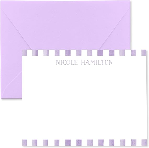 Personalized Stationery Note Card & Envelope Set for Children, Watercolor Stripe Border Design Personalized with Name in Cute Font, Thank You Card Stationery for Kids (Lavender)