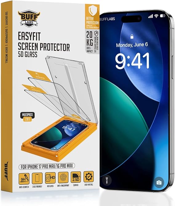 BUFF LABS 5D Glass EasyFit 2 Pieces Easy Application Screen Protector with Apparatus Tempered Clear Glass (iPhone 17 Pro Max/iPhone 16 Pro Max)
