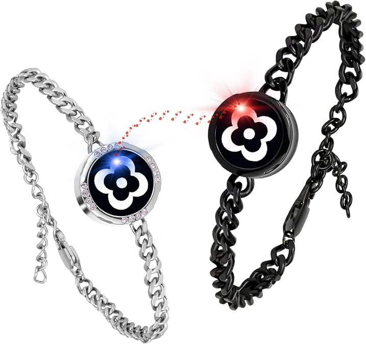 Long Distance Touch Bracelets, Light up Remote Smart Matching Couples Bracelet for Couple Long Distance Relationship Girlfriend Boyfriend Xmas Valentine's Day Festival Gifts Black Silver Jewelry Set