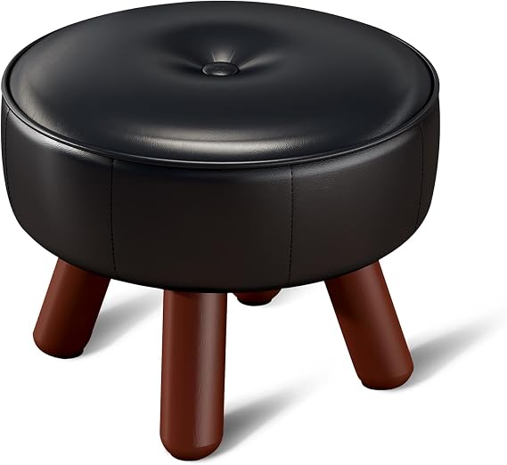 oakvivo 13in Small Foot Stool Ottoman, Round Faux Leather Foot Rest, Black