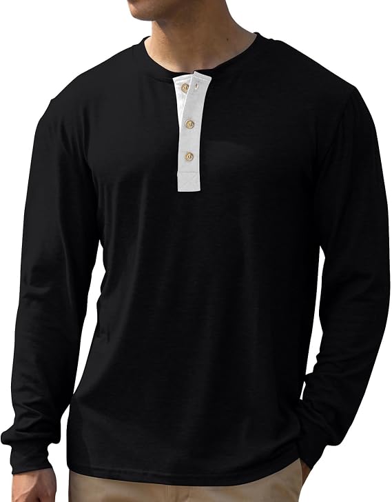 Men's Henley Shirts Long Sleeve Casual Button Classic T-Shirt Cotton Stylish Basic Pullover Soft Tees