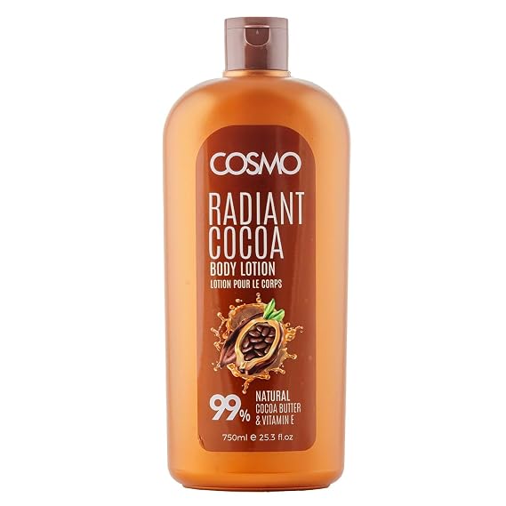 Cosmo Skin Care Radiant Cocoa Body Lotion 750ml/25.5fl.oz, Cocoa Butter & Vitamin E Extract, Face & Body Lotion, Nourishes, Hydrates, Moisturizes, Non Greasy Formula, Long Lasting, For All Skin Types