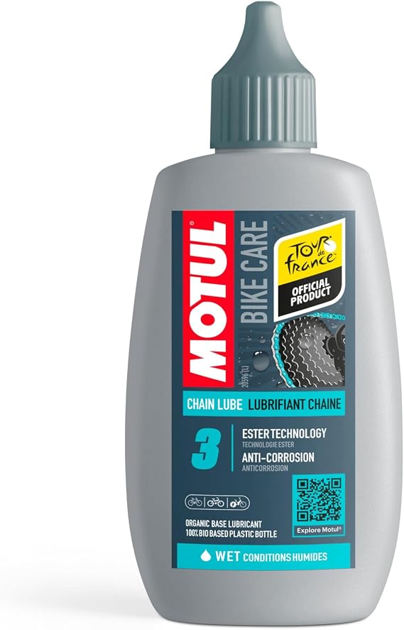 Motul Islak kullanım koşulları için bisiklet zincirleri için yağlayıcı, aşınma ve pas koruması, özellikle su geçirmez, damlama uçlu şişe, Bike Care Chain Lube Wet Road, 100 ml