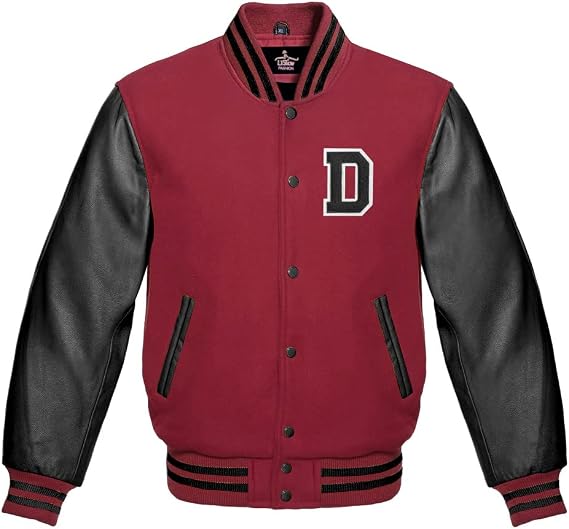 Men's Varsity Baseball Letterman Bomber Maroon Wool & Black Genuine Leather Sleeves D Logo Jacket