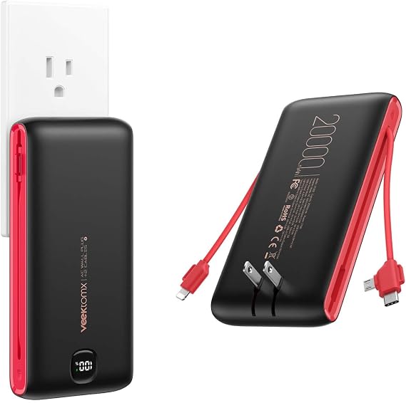 VEEKTOMX 10000mAh Portable Charger with Built-in Cables & Wall Plug