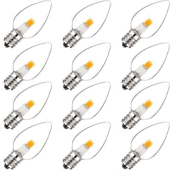 Jslinter 12-Pack C7 LED Night Light Bulb, Candelabra Light Bulbs E12 Base, 0.6 Watt Equivalent 7W Incandescent, 2700K Clear Warm White, Window Candles, Chandeliers, String Light Replacement Bulb