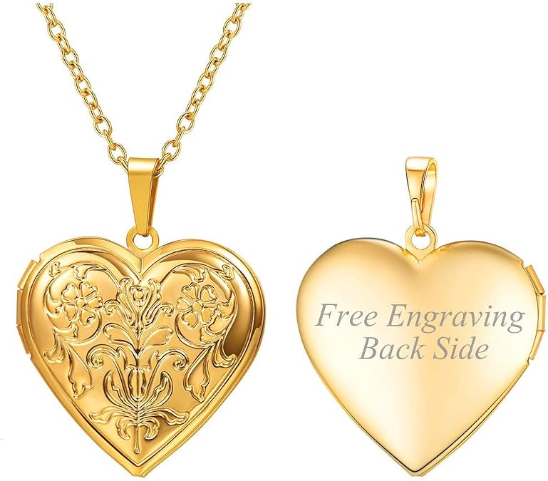 U7 Women Locket Necklace, Heart Photo Lockets Hold Picture, Gift Box Packed