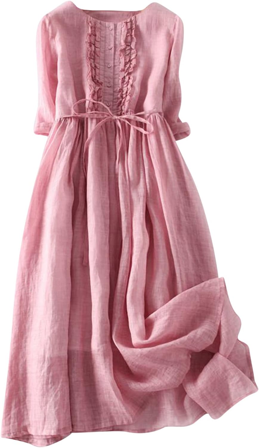 Womens Bohemian Cotton Linen Dresses 34 Sleeve Maxi Long Dress Plain Classic Dresses Trendy Boho Dresses with Belt