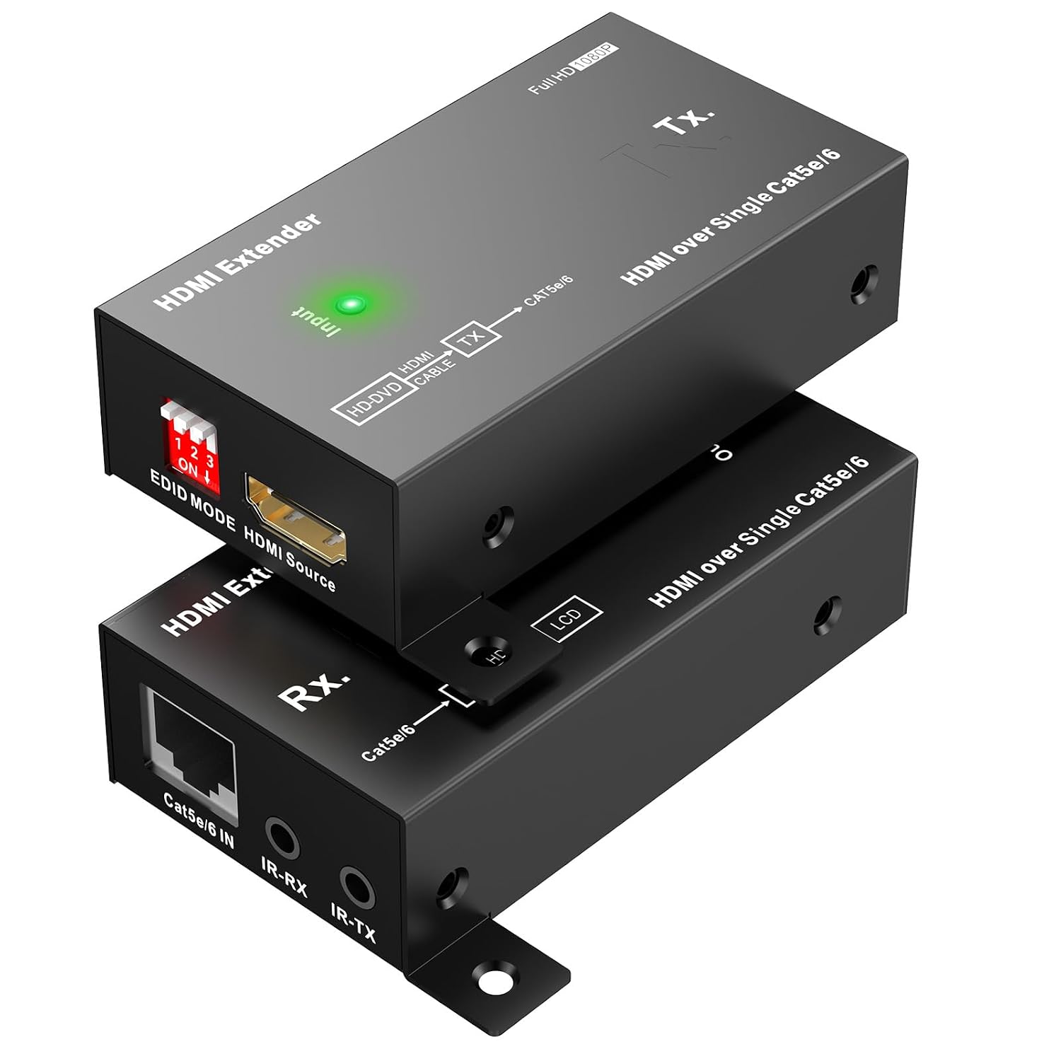 1080p@60Hz HDMI Extender Over Single Cat5eCat6Cat 7, Up to 164 FT, HDMI Over Ethernet, Supports Bidirectional IR, 3D, HDCP, EDID, POC