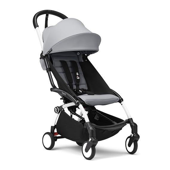 Stokke YOYO3 Stroller from 6 Months - Includes White Frame, Stone Seat Cushion & Stone Canopy - Folds in & Out in a Flash - Light & Compact - Carry-On Compatible