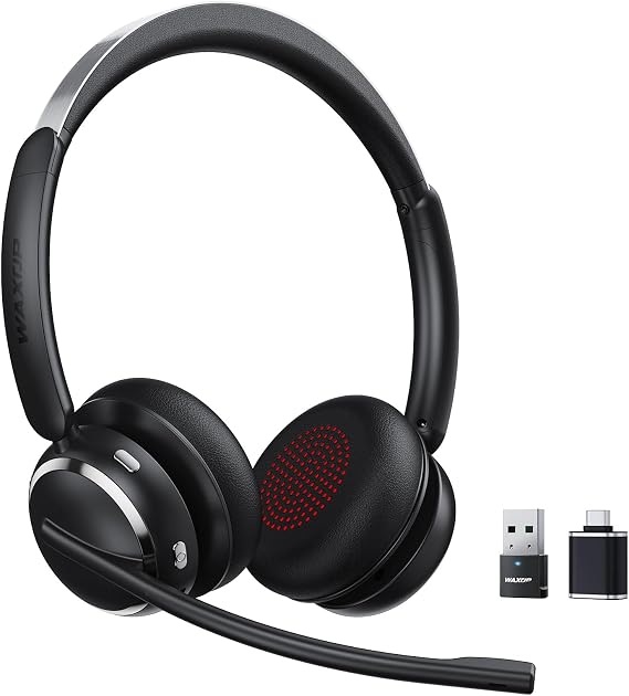 Wireless Headset with Mic for Work, Bluetooth 6.0 Headset with AI Noise Cancelling Microphone & USB A/C Dongle, 65H & Mic Mute, Wireless Headset for PC/Computer/Teams/Call Center/iPhone/Android