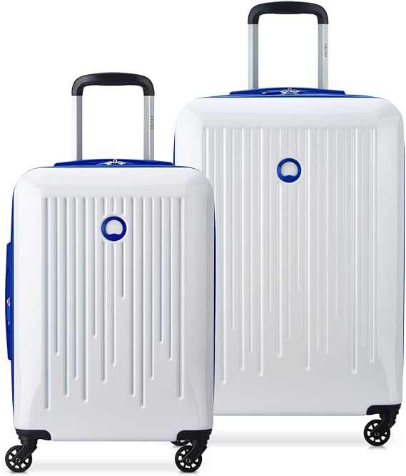 DELSEY PARIS Christine Expandable Luggage, Stylish and Unique, Glossy Exterior with 360 Spinner Wheels, Lockable Telescoping Handle, Nestable Luggage Set, White with Blue Trim, 2-Piece Set (20/24)