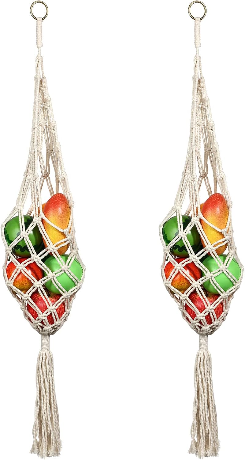 Geiserailie 2 Pieces Hanging Fruit Basket Macrame Hanging Basket Vegetable Breathable Storage decor for Potato Onion and Fruit Storage Boho Decor for Kitchen