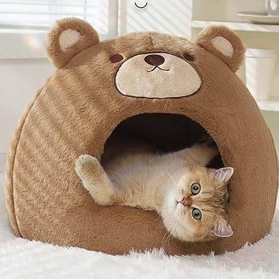 Cat Beds for Indoor Cats - Cute Cat Bed Cat Cave Bed ,Soft Calming Pet Bed with Removable Washable Cushioned Pillow,Cat Hideaway for Kitten&Puppy,Small Dog Bear,S