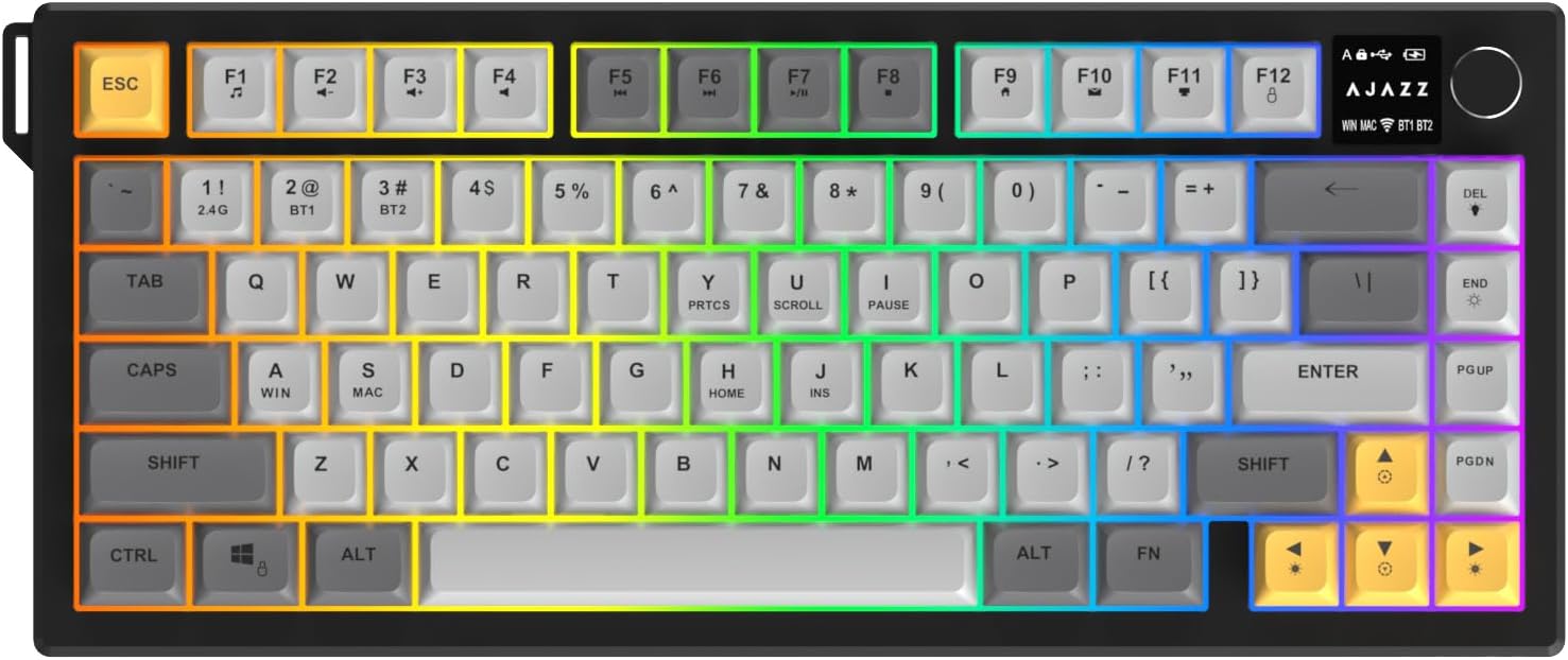 Coverzone Üçlü Mod Membran Gaming Klavye,%75 Düzen, 4000mAh Batarya, RGB 14 Efekt, TFT Ekran, Type-C, Bluetooth 2.4G, Su Geçirmez, Win/Mac Uyumlu, Multimedya Düğmeli | AJAZZ AF82 (Sarı Siyah - AF82)
