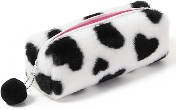 Heart Leopard Print Plush Pencil Case with Pom-Pom Zipper | Black & White Fabric Pen Holder with Pom-Pom Zipper; Study Organizer Pouch; Makeup Cosmetic Bag for Office