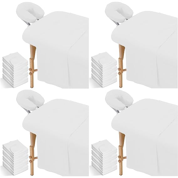 Massage Sheets, 12 Pieces 4-Set Wrinkle Resistant Massage Table Sheet Set with Fitted Sheet, Flat Sheet, Pad Cover & Face Cradle Cover for Facial Bed (White)