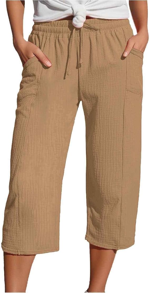 Womens Capri Pants Casual Loose Fiting Pant Drawstring Elastic High Waist with Pockets Wide Leg Loungewear Trouser