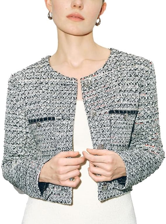 URBAN REVIVO Women's Long Sleeve Cropped Tweed Jacket with Pocket Button Slim Fit Work Office Short Tweed Blazer