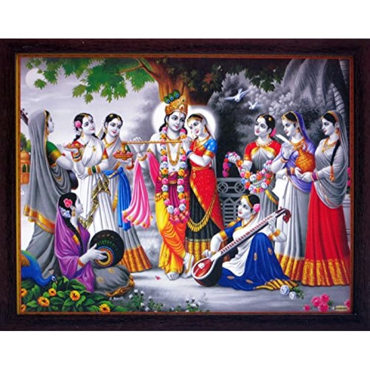 Handicraft Store Lord Radha Krishna Playing and Enjoying Flute Under The Tree with Gopiya, A Religious & Elegant Posture with Frame, Must for OfficeHome DecorReligious Purpose.