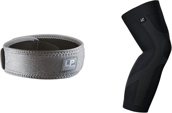 LP 272Z Leg Compression Sleeve for Knee, Thigh, Calf Support (Black, L, 1pcs) Bundle with Patella Strap - Tendon Support Brace - Knee Pain Relief (Grey, One size, 1 pcs)