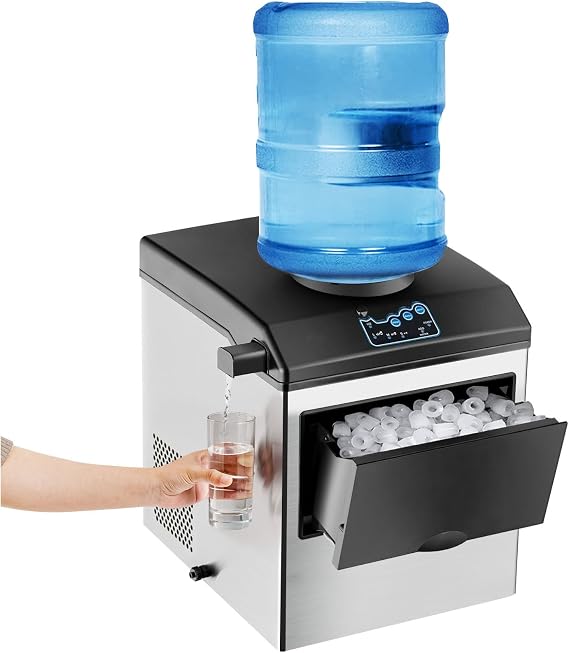 2-in-1 Countertop Ice Maker with Water Dispenser, 48LBS/Day, 3 Sizes Bullet Ice, Fast 6 Mins Ice Make, 2 Ways Water Adding, Ice Machine with 5LBS Storage Basket & Scoop for Home, Office, Party
