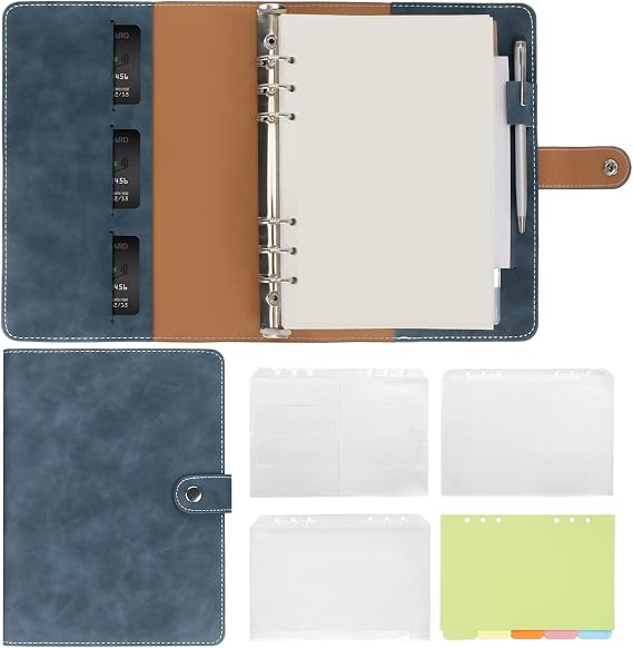Leather A5 Binder Notebook 6 Rings Refillable Notebook Portfolio A5 Planner Binder with Binder Pocket A5 Dividers A5 Refill Paper Travel Binder Journal Cover Binder Blue Notebook