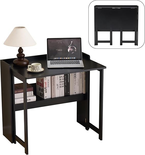 Foldable Desk,Folding Table with Storage Shelf,32.6 Inch Fold Out Computer Desk for Small Spaces,Writing Desk for Bedroom Home Office Dorm and Apartment (Black)