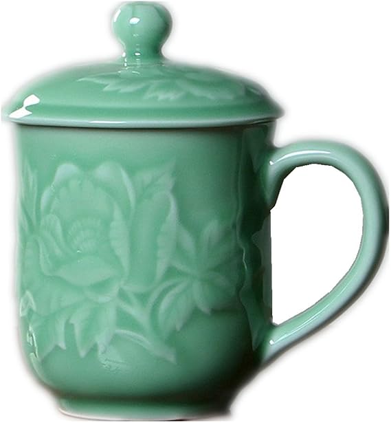 Teacups 13oz Coffee Mugs with Lid Porcelain Cups Embossed with Peony Chinese Celadon(01-Green)