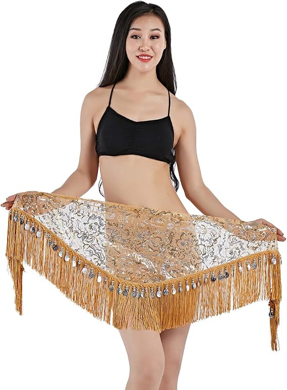 Women's Belly Dance Hip Scarf Tassels Fringed Sequins Scarf Performance Outfits Skirt Festival Clothing (Silver Coin, Camel)