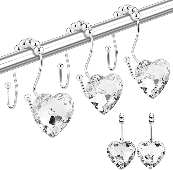Shower Curtain Hooks Rings for Bathroom, 12PCS Heart Stainless Steel Rust Resistant Decorative Rhinestones Shower Curtain Rings Hangers for Shower Curtains (Double Hook Clear)
