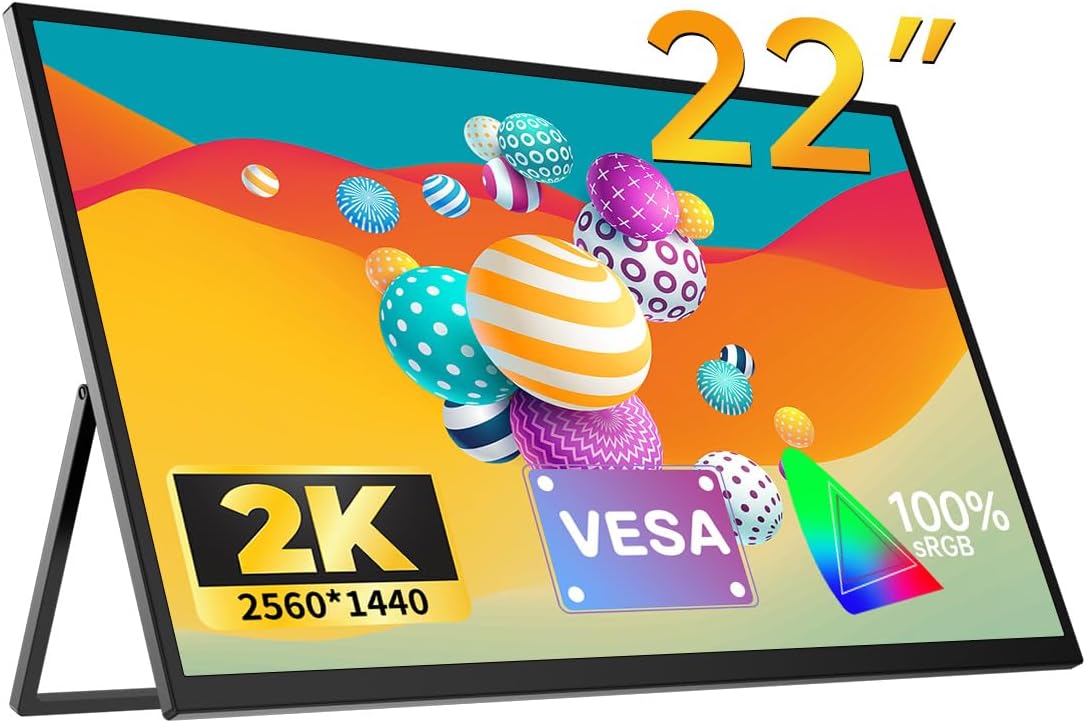 EVICIV EV2201 Mobile Monitor, 22-Inch, 2K Large Screen, QLED Mobile Display, Standing Included, Portable Monitor, Non-Glossy, 100% sRGB IPS, LCD Panel, Wall Mounted, VESA Compatible, HDR, Portable, Sub-Monitor, Speaker, Built-In TypeMini HDMI Devices, PSXBOXSwitchPCMac